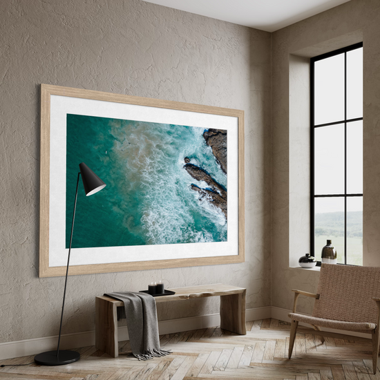 Noosa surfers wall art styled in modern coastal living room
