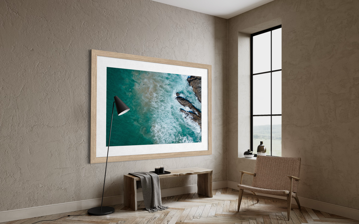 Noosa surfers wall art styled in modern coastal living room