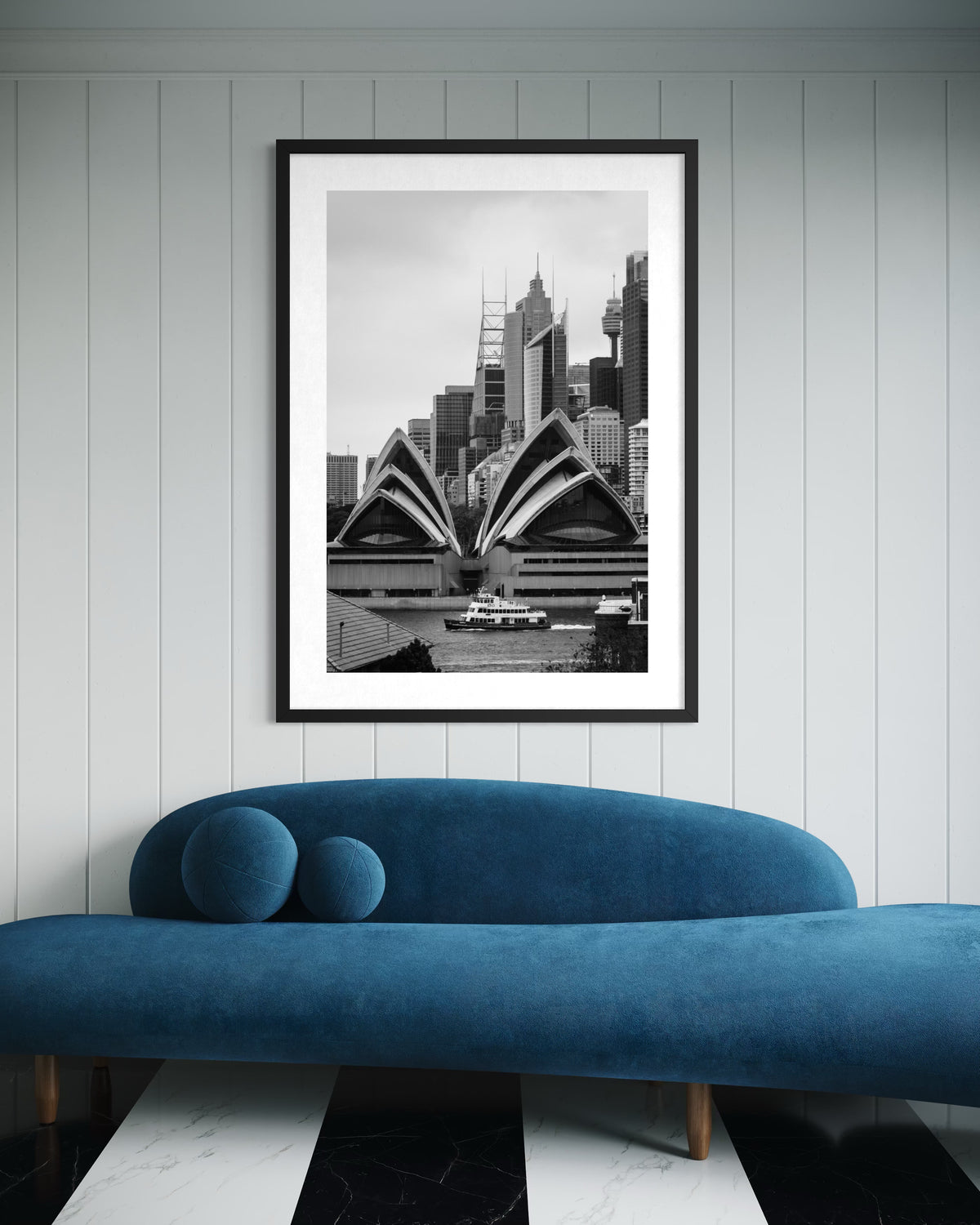 Framed Sydney Opera House fine art print overlooking Sydney Harbour, displayed in a modern Australian interior.